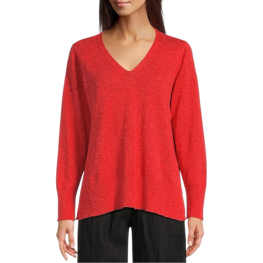 Eileen Fisher Organic Linen Cotton Blend V-Neck Long Sleeve Tamarillo Sweater